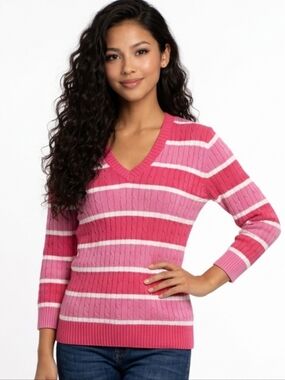 Jeanne Pierre Pink Striped V-neck Cable Knit 3/4 Sleeve Sweater Size M